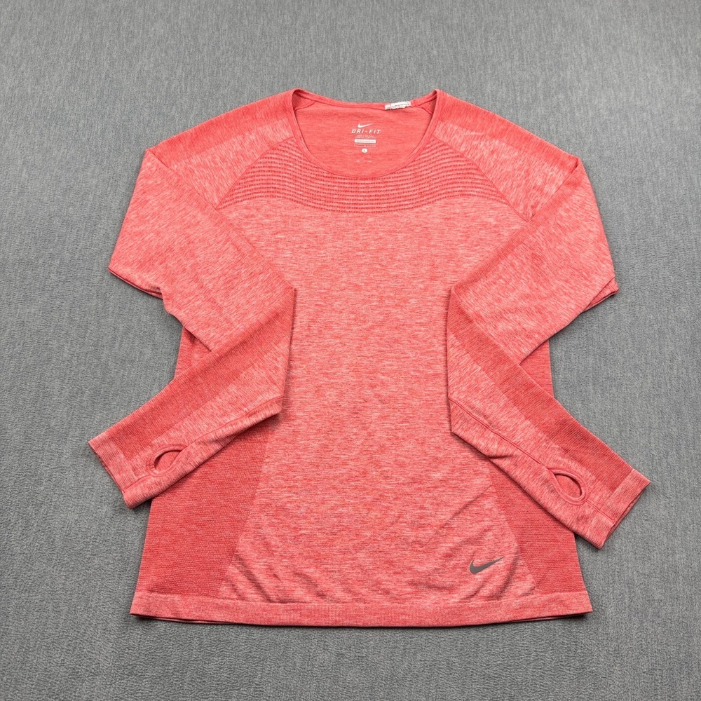 Nike Shirt Women Large Pink Dri-Fit Stretch Long-Sleeve Running Workout Gym Top